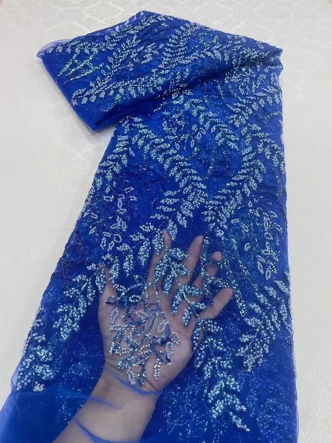 Синяя новейшая французская Тюль с бисером кружевная ткань блестками 5 ярдов 2024