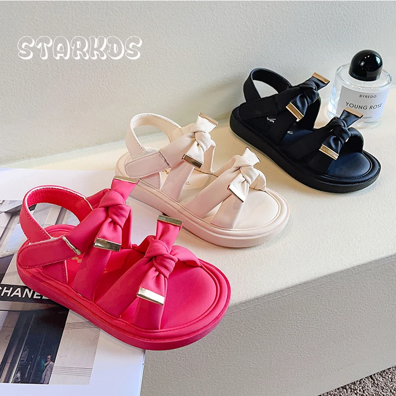 Soft Satin Silk Strap Sandals Girls Thick Sole Comfy Sandalias Kids Summer Casual Flat Shoes with Bowknot in Pink Cream Color