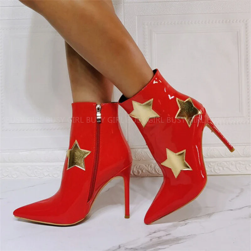 Busy Girl wej158 red shiny material star stitching large size stiletto women's short boots 2022 autumn and winter new ankle boot
