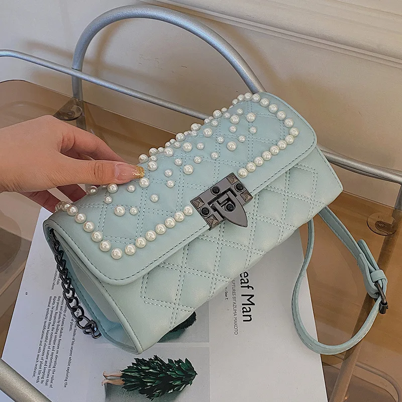 

Chain Beaded Bag Women's New Fashion 2022 Single Shoulder Small Square Messenger Bag Designer Handbags High Quality