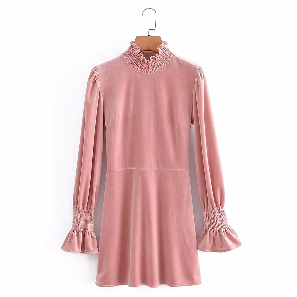 

PB&ZA Women Dresses Velvet Lady Mini Pink Dress Chic and Elegant Autumn Clothes Turtleneck Lantern Long Sleeve Slim Vestidos