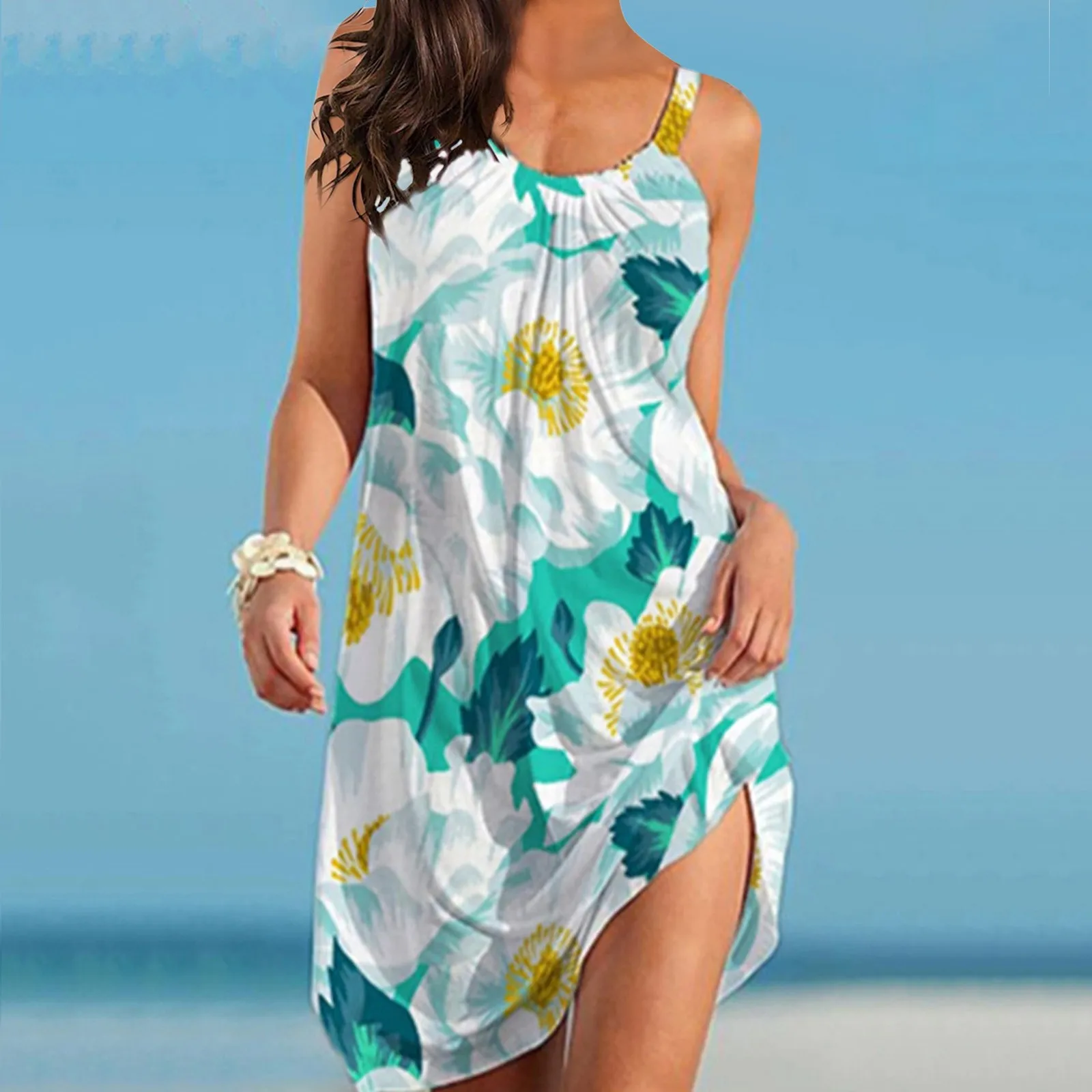 

Женское пляжное платье без рукавов, Элегантное повседневное свободное мини-платье на бретельках, пикантная женская ночная рубашка с цветочным принтом