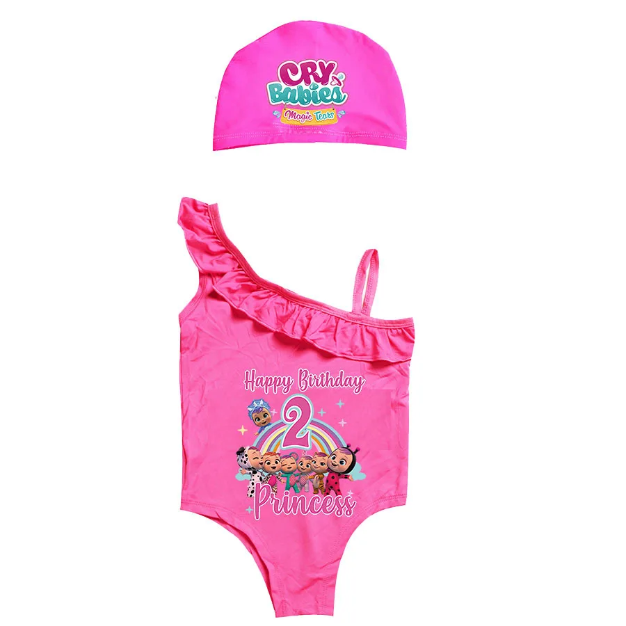 

2-10Years Girls Swimsuit 2022 New Toddler Swimwear Cute Cry baby Children's Swimwear with cap Baby Girls One Piece Swimsuit sets