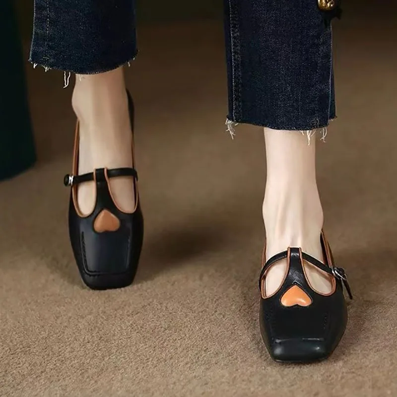 Red Heart Mary Jane Shoes Zapatos Mujer Spring Women's Square Toe Flats For Female Leather Shoes