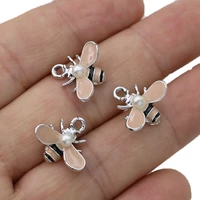 10pcs silver plated pink enamel bee charms pendant for jewelry making bracelet earrings necklace accessories diy findings