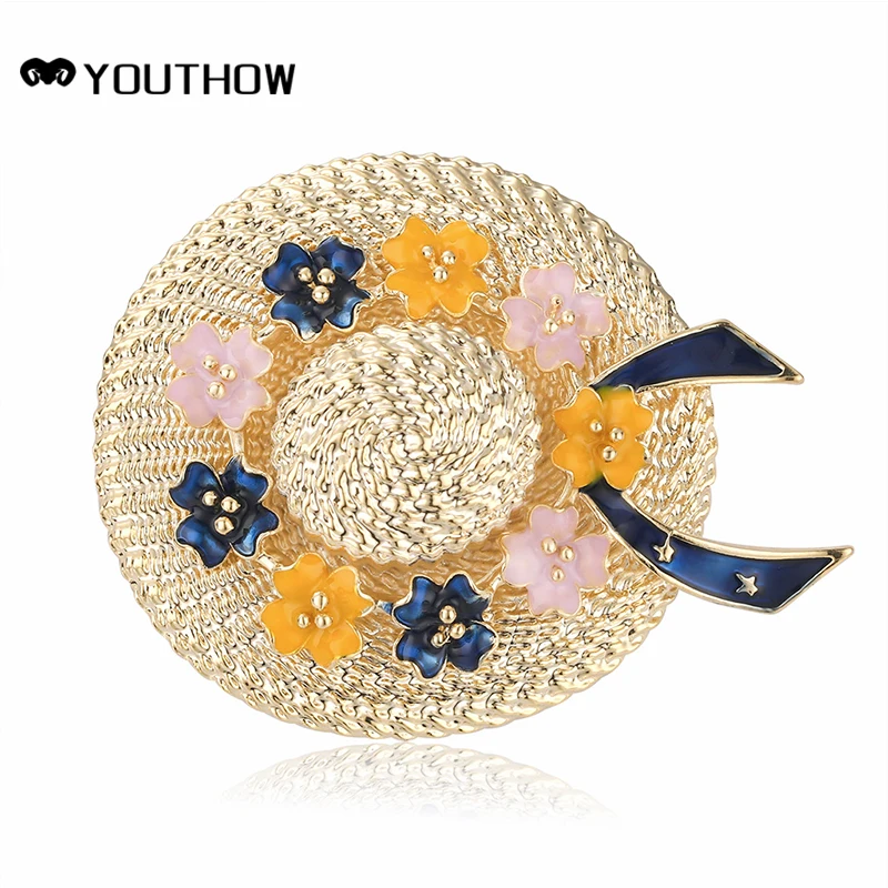 

Bohemia Cute Golden Hat Brooch Flowers Embellish Fashion Jewelry Enamel Brooch Design For Ladies Saree Luxury Charms Accessories