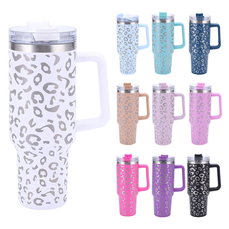 

40oz Leopard Print Style Car Thermos Cup with Handle Coffee Insulated Tumbler Straw Stainless Steel Car Vacuum Flasks