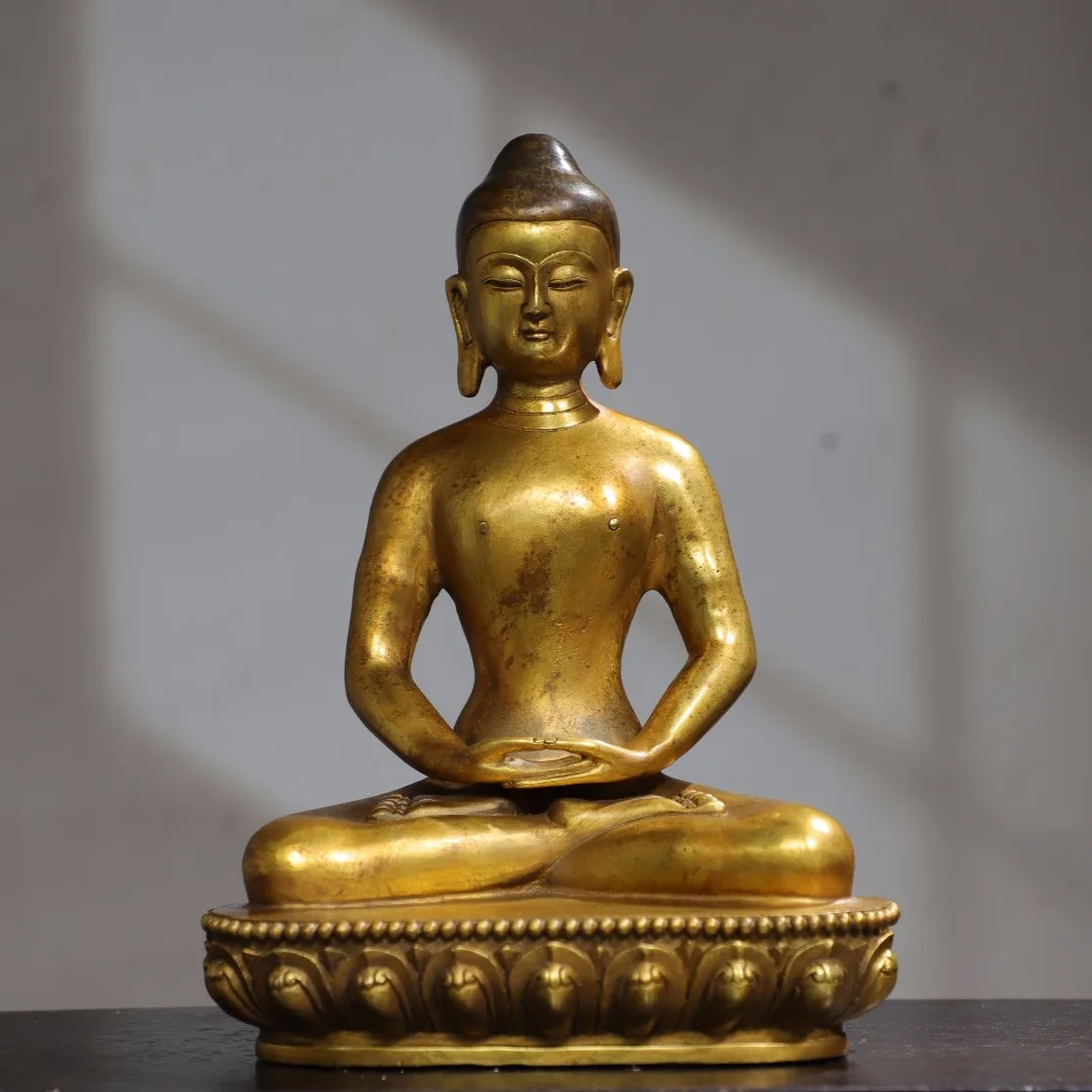 

11"Tibetan Temple Collection Old Bronze Gilded Cinnabars Northern Wei Buddha Shakyamuni Amitabha Worship Hall Town house