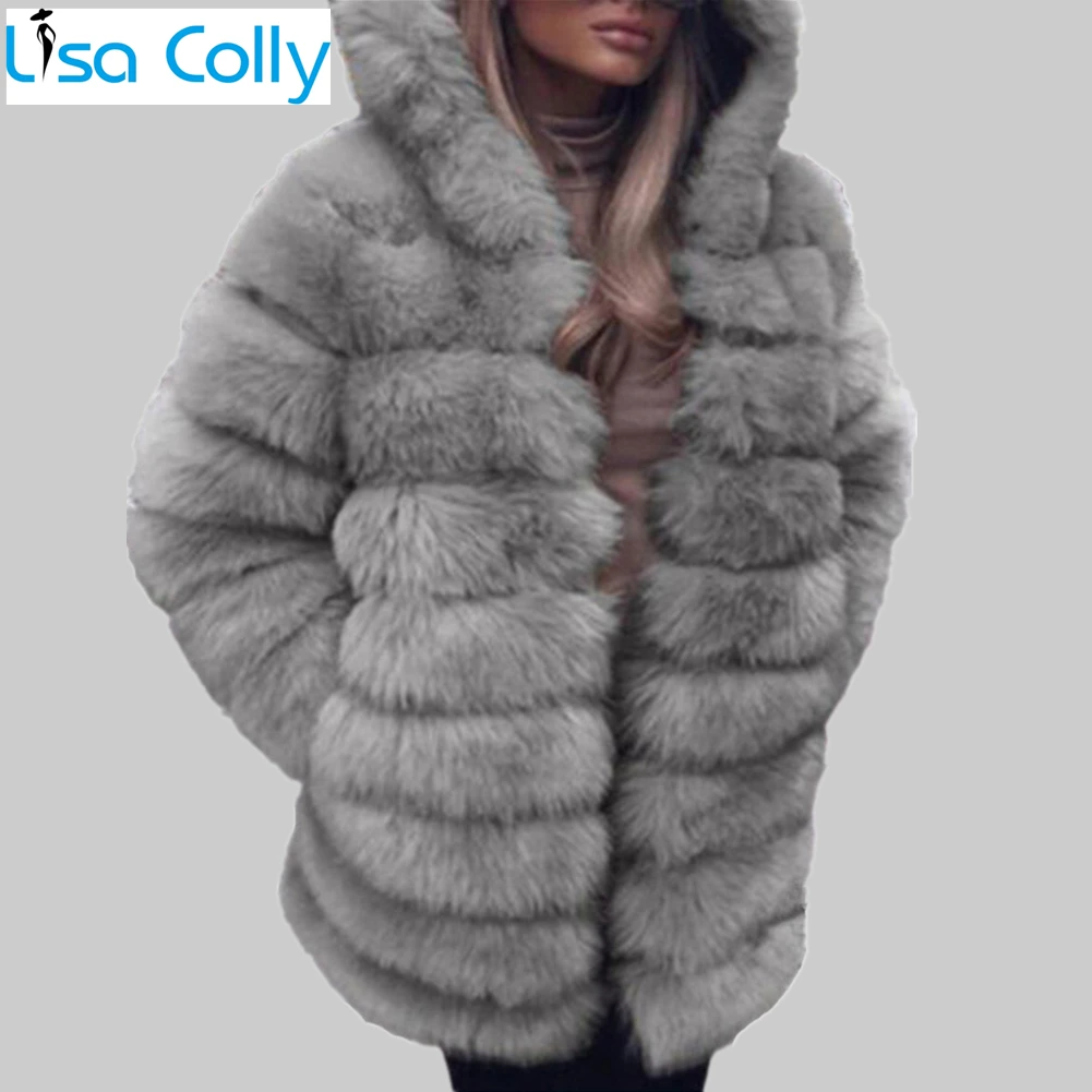 Lisa Colly Women Faux Fur Coat Winter Faux Fox Fur Jacket Women Artifical Fur Hooded Coats Overcoat Thick Furs Coat Outwear
