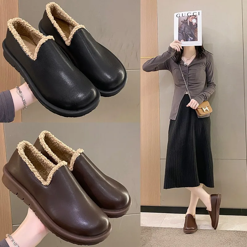 

Retro Flat Shoes for Women Winter Plus Plush Warm Soft Cottom Slip-On Cotton Boot Casual Comfortable Loafer Shoe Zapatos Planos
