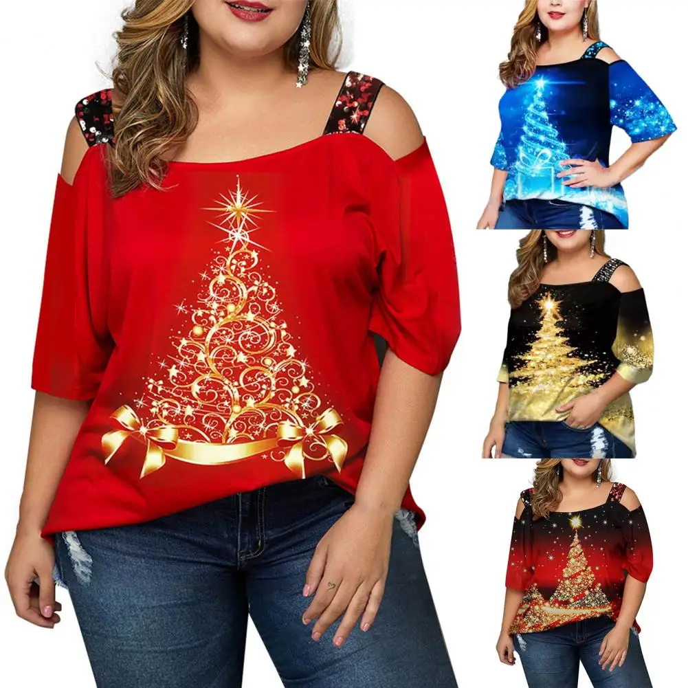 

Half Sleeve Women Top Anti-pilling Xmas Pattern Elastic Casual Lady Top Shirt Washable Off Shoulder Pullover Blouse For Home