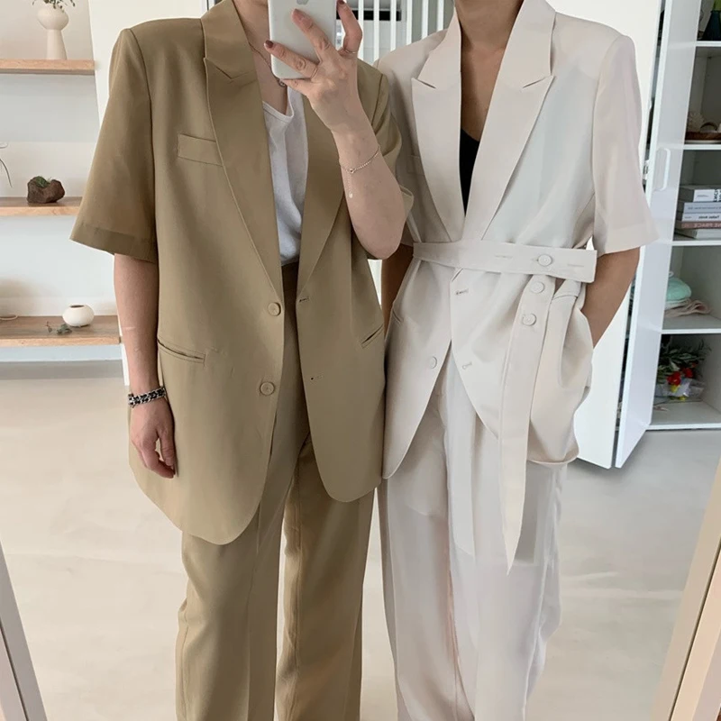 

Elegant 2022 Summer Sashes Women 2 Piece Sets Female Short Blazers & Wide Leg Pants Casual Office Ladies Outfits Straight Y503A