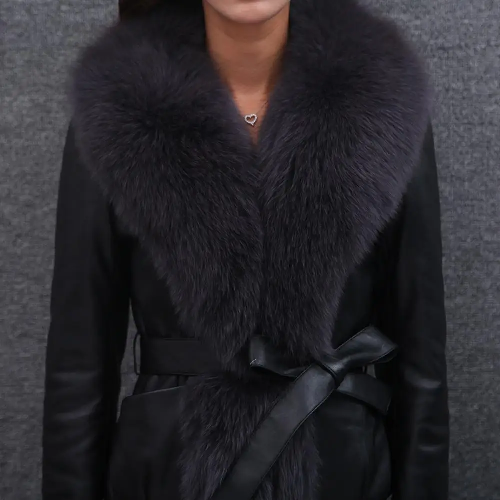 Luxury Hot Sale 2022 New Winter Women Jacket Thick Warm Faux Suede Coat with Belt Faux Fur Collar Pu Leather Jackets Outwear