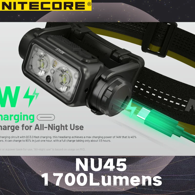 Фото NU45 1700 люменов NITECORE, цвет света: белый свет, красный свет, перезаряжаемый налобный фонарь для походов/треккинга. №1