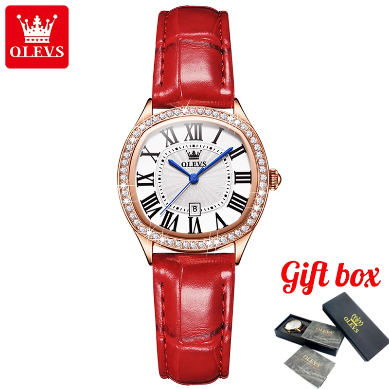 

OLEVS Luxury Brand Red Leather Strap Women Quartz Wristwatch Waterproof Calendar Casual Watch for Women Fashion New Lady Watch