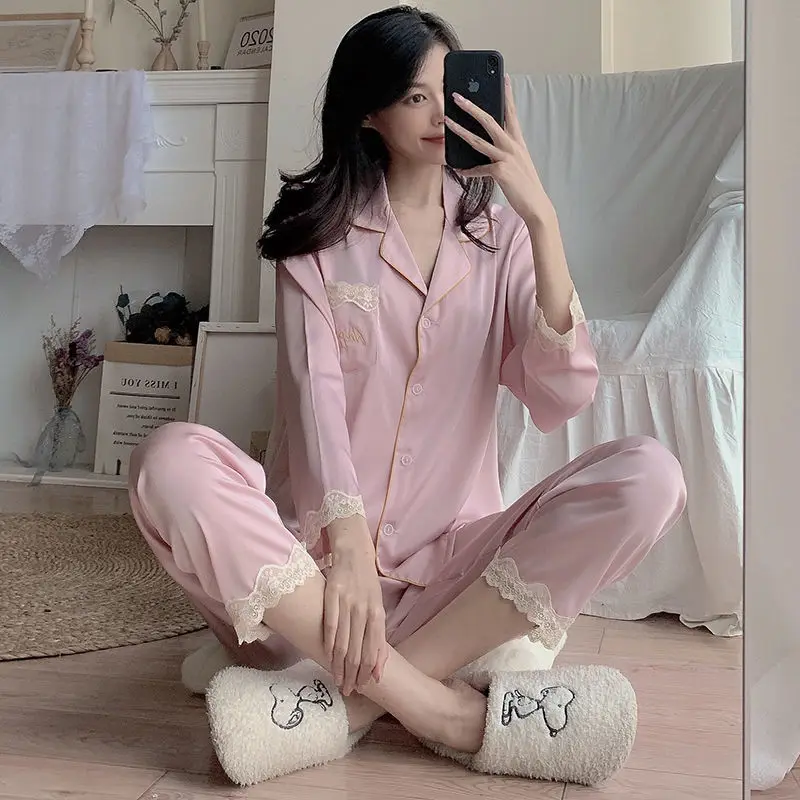 Women's Lace Pajama Set Spring Autumn Thin Sexy Two Piece Set Loose Long Sleeve Home Suit Summer Sleep Top Solid Color Fashion