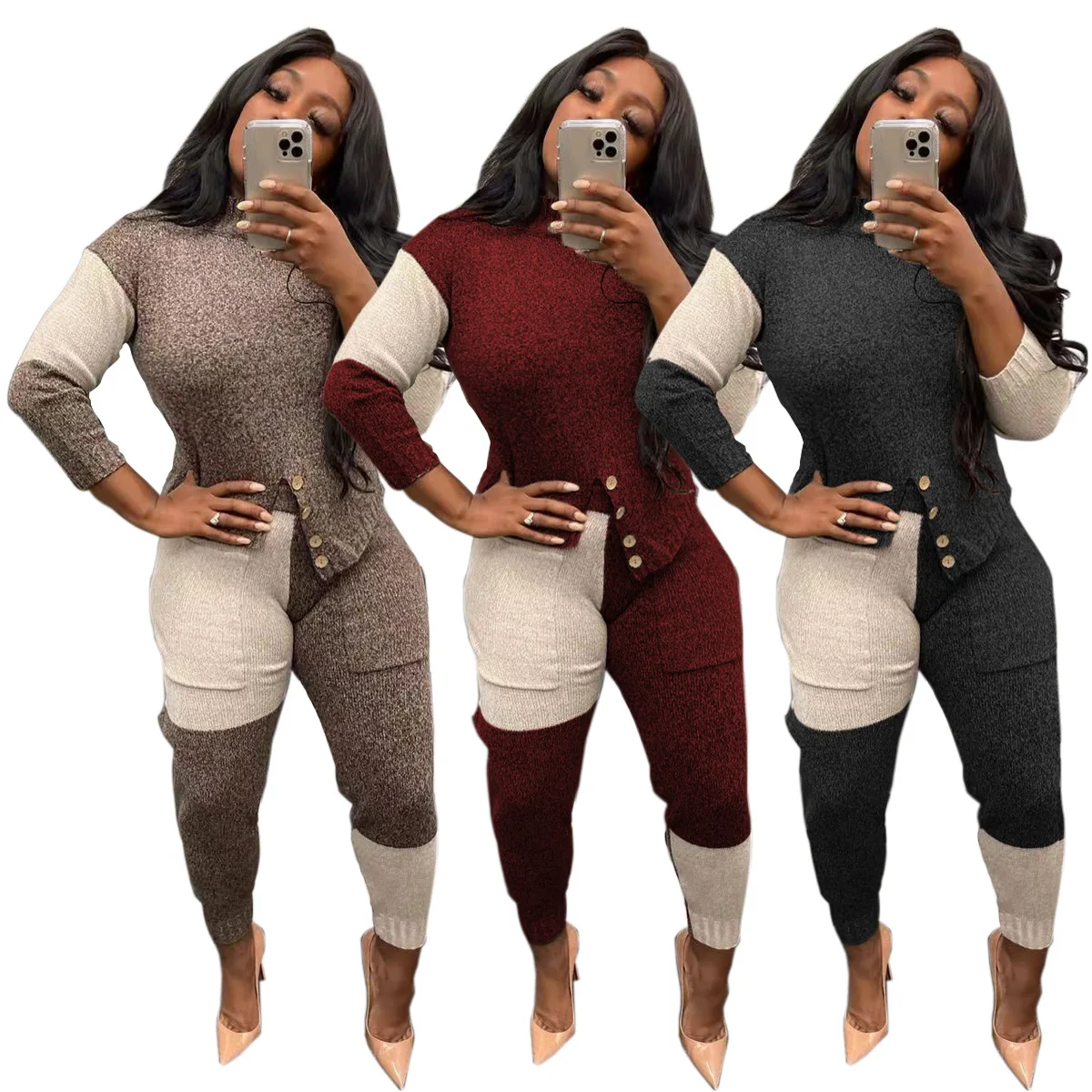 Patchwork Sweater 2 Pieces Long Pants Sets Women Winter Clothes Long Sleeve Turtleneck Top and Pencil Pants with Pockets 2022