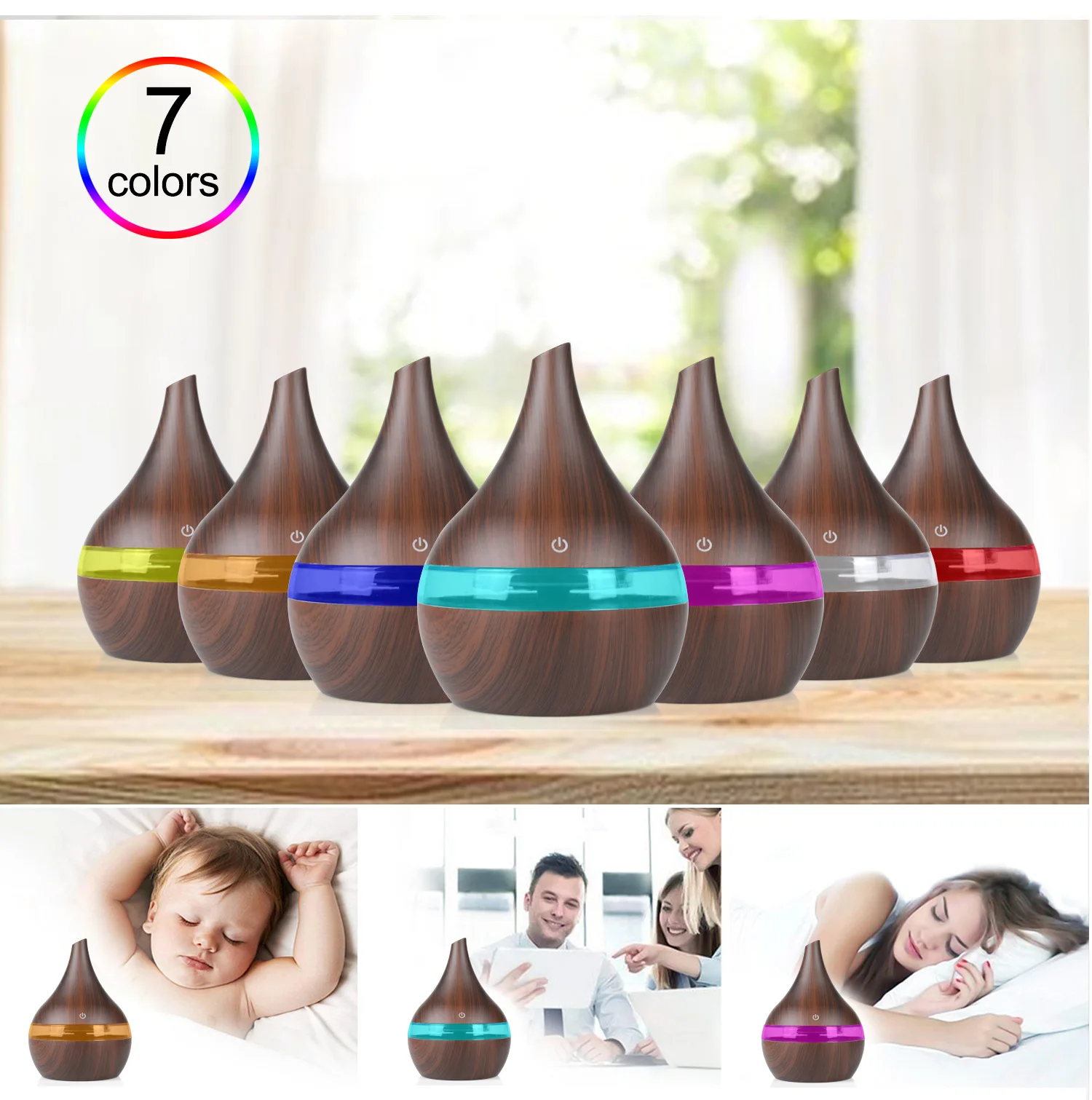 300ML Air Humidifier Aroma Diffuser Essential Oil Diffuser Wood Grain Aromatherapy Purifier Color LED Lamp Mist Maker Home