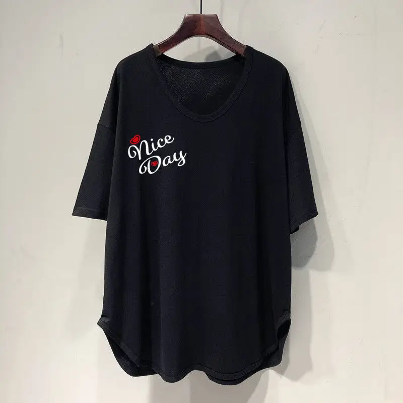 Летние свободные асимметричные футболки с коротким рукавом и принтом простые