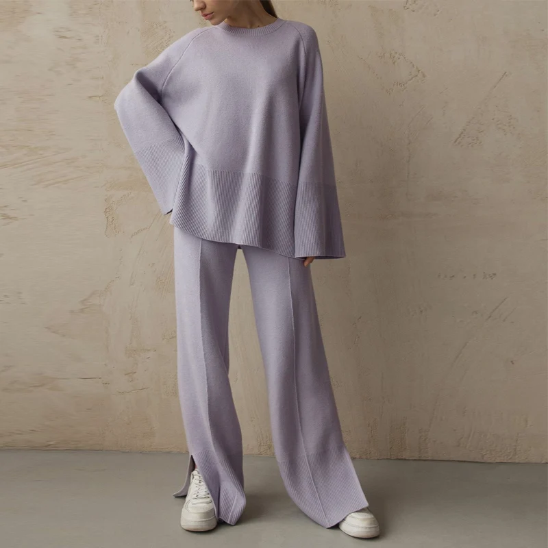 

Women Long Sleeve Pullover Long Pant Outfit Casual Solid Loose O Neck Tops Straight Pants Tracksuit Winter Knitted Sweater Suit