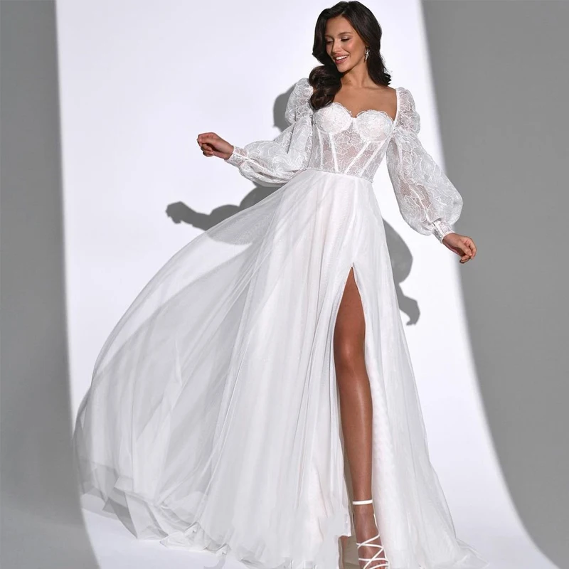 

Женское кружевное свадебное платье, элегантное белое ТРАПЕЦИЕВИДНОЕ ПЛАТЬЕ с длинными рукавами-фонариками и высоким разрезом, официальное...