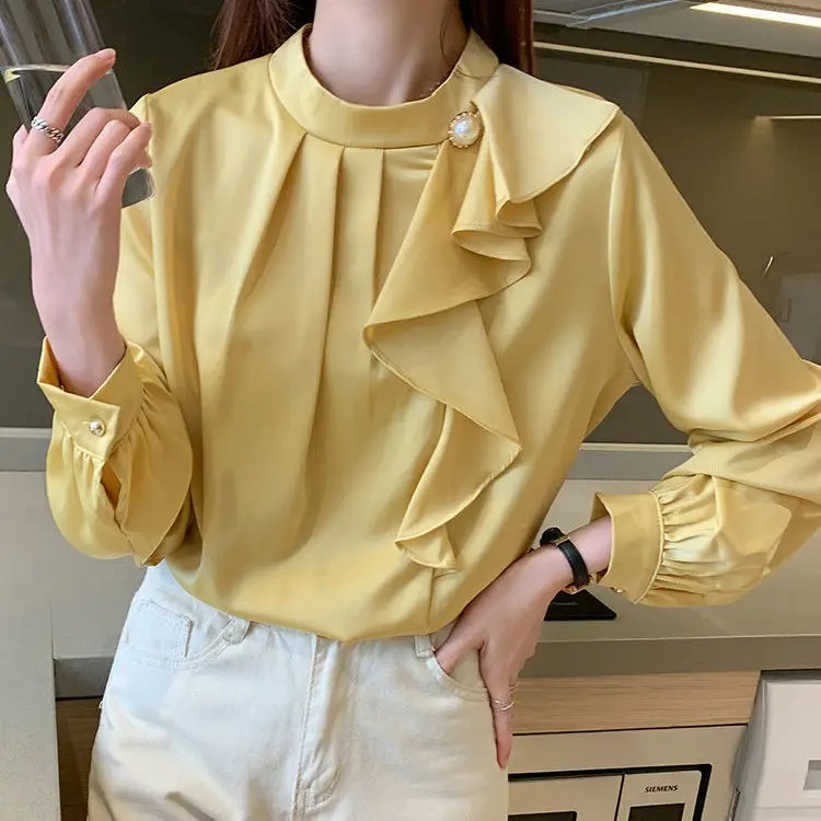 

Women 2022 Spring Autumn New Loose O-neck Satin Shirt Female Solid Color Shirt Tops Ladies Long Sleeve Chiffon Blouses F216