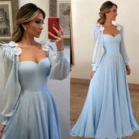 simple light sky blue prom dresses sweetheart feather flowers puff long sleeve evening gowns a line elegant formal party dress v