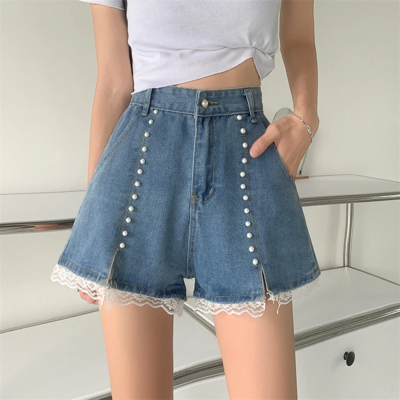 

2022 Summer Women High Waist Loose Wide Legs Jean Shorts Ladies Daily Casual Pearl Lace Denim Shorts All-match Straight Shorts