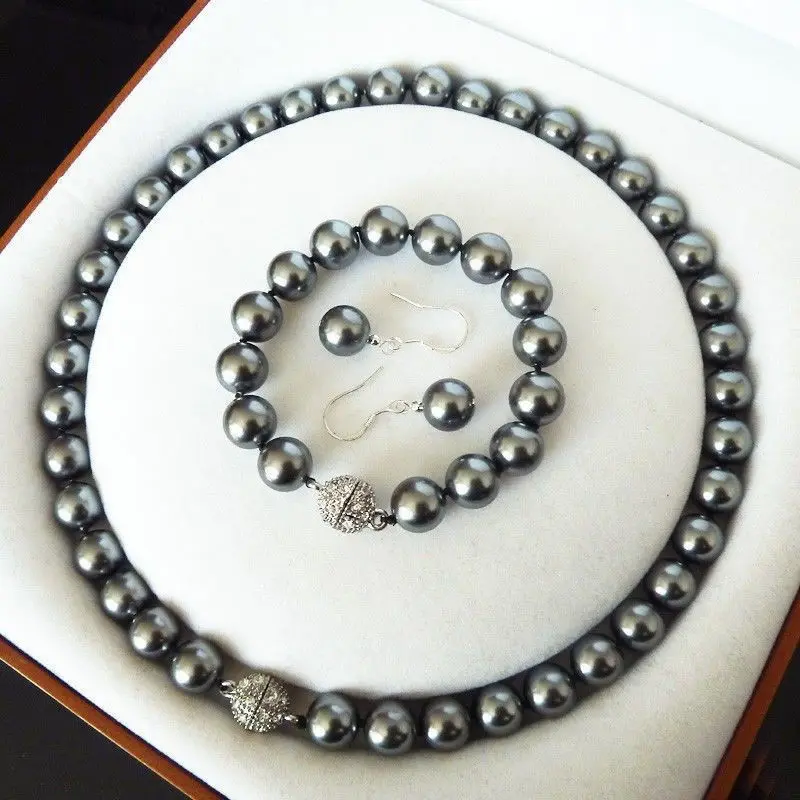 

10mm South Sea Black Shell Pearl Round Beads Necklace Bracelet Earrings Set AAA+