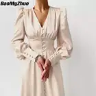 Женское винтажное вечернее платье, Элегантное однобортное платье с высокой талией и рукавами-фонариками на весну