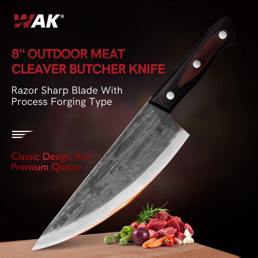 

WAK Forged Kitchen Cleaver Butcher Knife Outdoor Wood Handle Stainless Steel Blade Meat Cleaver Sharp Forge Outdoor Chef Knife
