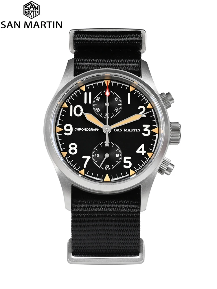 

San Martin New 37mm Pilot Watch Chronograph Vintage Military Mens Watches VH61 Quartz Wristwatch Sapphire Nylon Strap 10 ATM