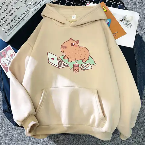 Kawaii Capybara Bubble Tea Hoodie Women Aesthetic Graphic Kawaii Hoodies Unisex Autumn Winter Harajuku Hooded Sweatshirts Hoody