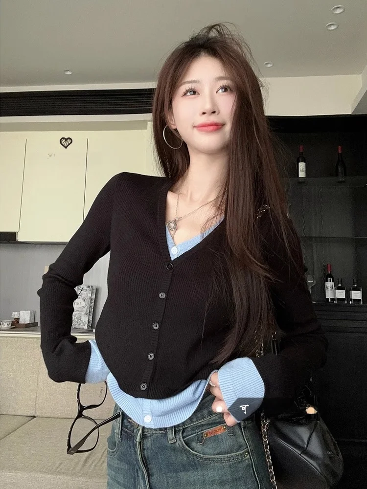 Контрастный Женский трикотажный топ в стиле пэчворк с длинными рукавами осень 2024