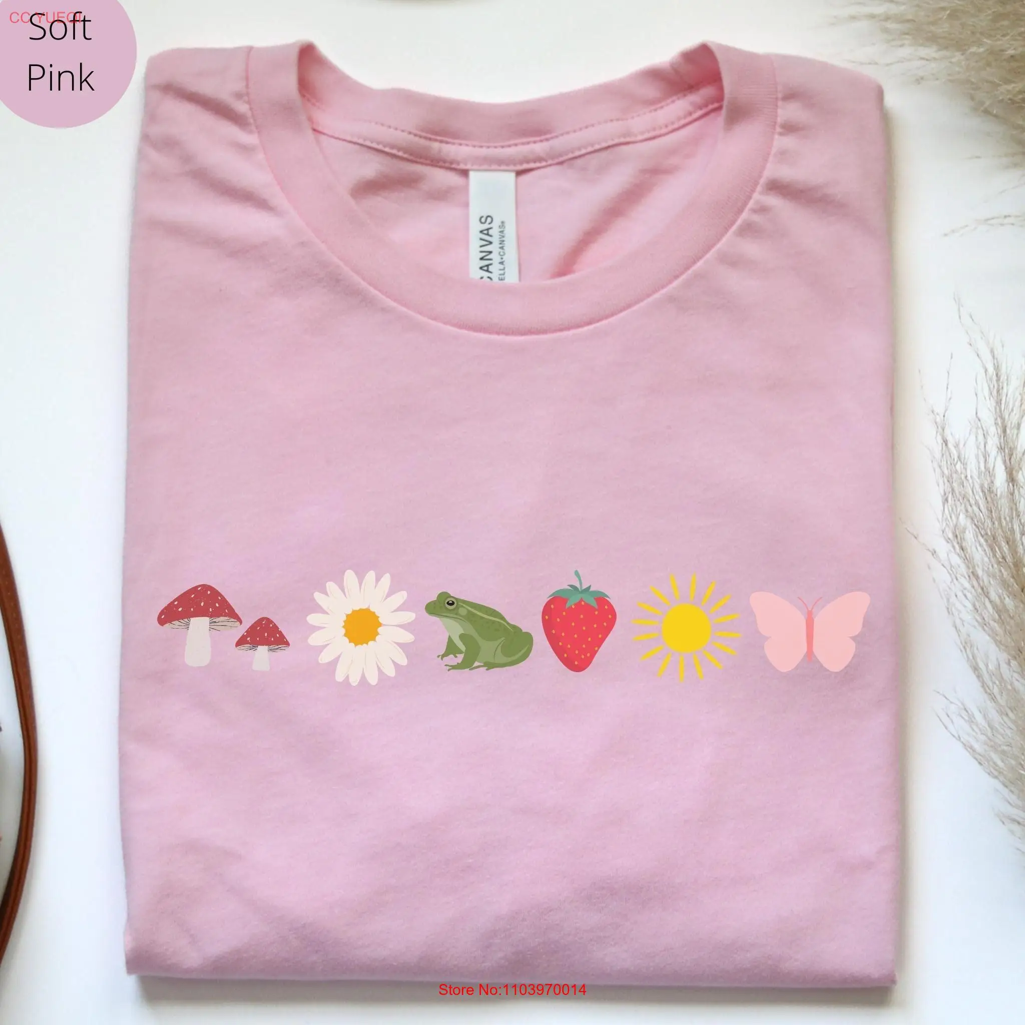 Cottagecore T Shirt Womens Nature Frog Strawberry Simple Minimalist Whimsical for Her long or short sleeves