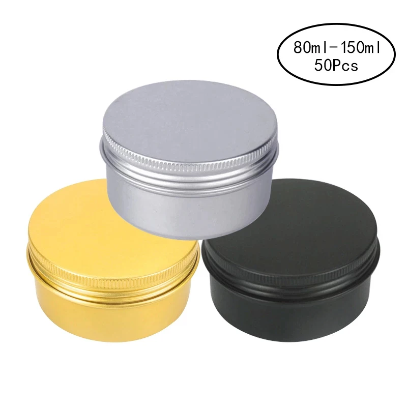 50pcs 80/100/150ml Aluminum Tin Candle Jar Silver Cosmetic Cream Container Black Sample Refillable Bottle Metal Storage Box