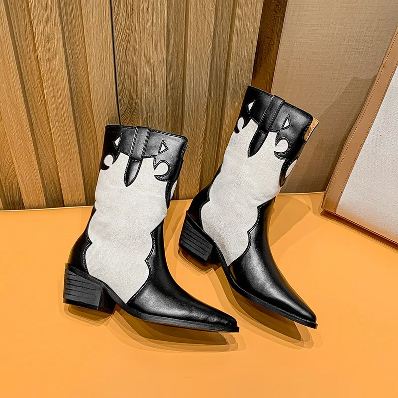 

Women Retro Western Mid-boots Pointed Toe Thick Heel PU Stitching Embossed Slip-on Fashion Street Outdoor Knight Women Shoes