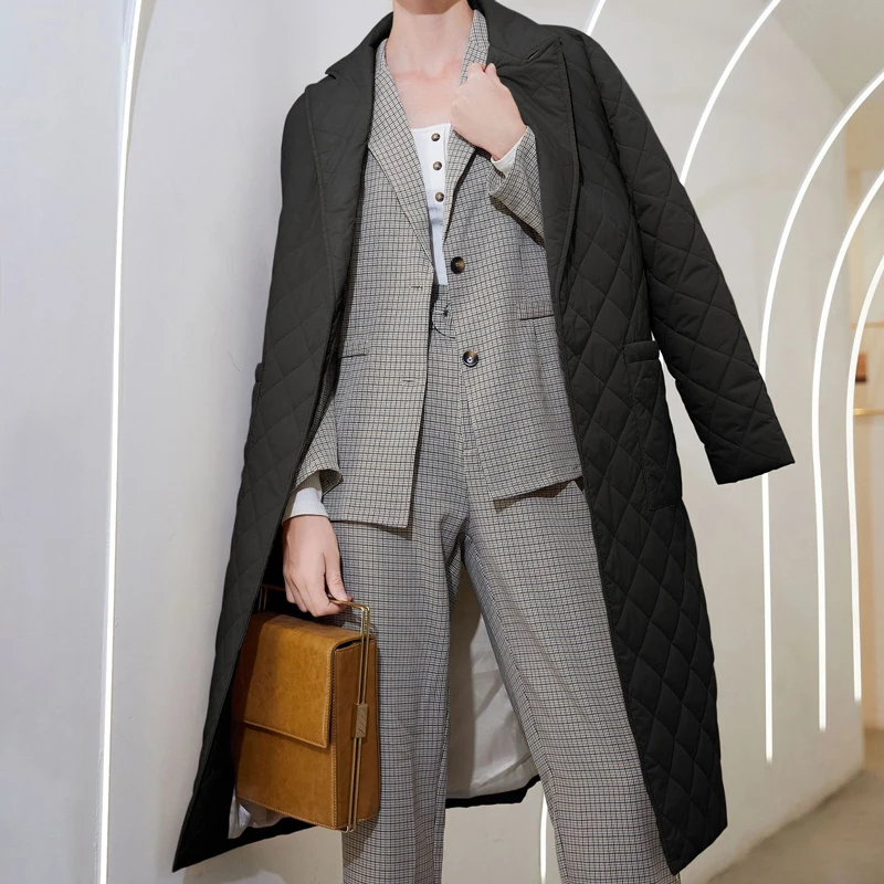 Long Straight Winter Coat with Rhombus Pattern Casual Sashes Women Parkas Deep Pockets Tailored Collar Stylish New Outerwear