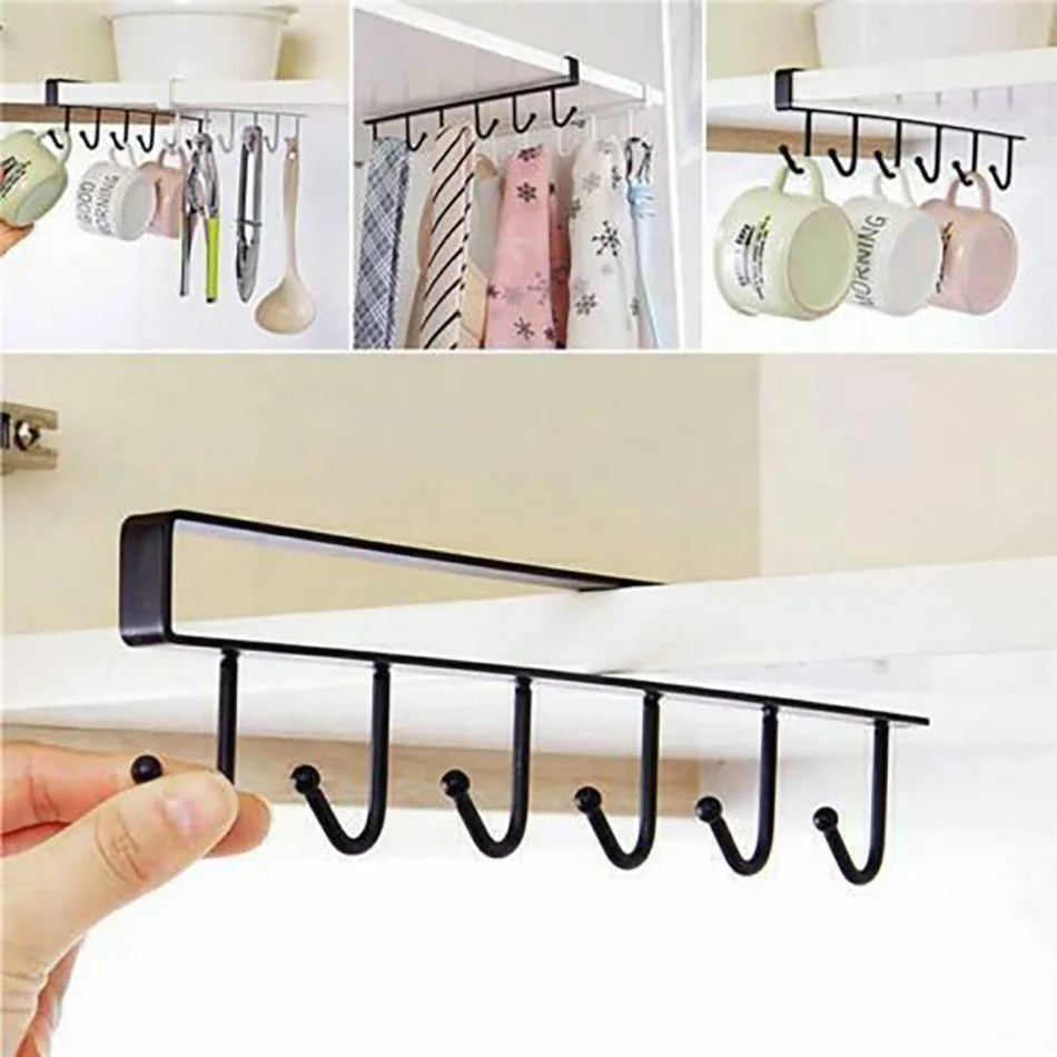 

Kitchen Storage Rack Organizer 6/12 Hooks Cup Mug Holder Hang Clothes Wardrobe Cabinet Shelf Organizer Metal Kitchen Accessory