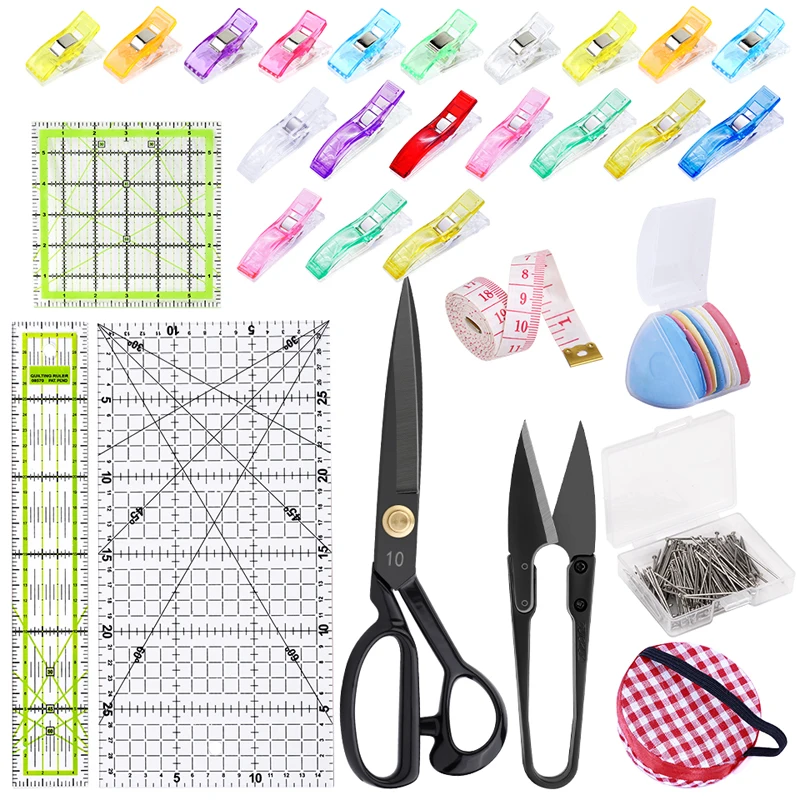 Nonvor Sewing Ruler Tools Set with Scissors Tailors Chalk Quilting Clips for DIY Patchwork Fabric Cloth Drawing Cutting Craft