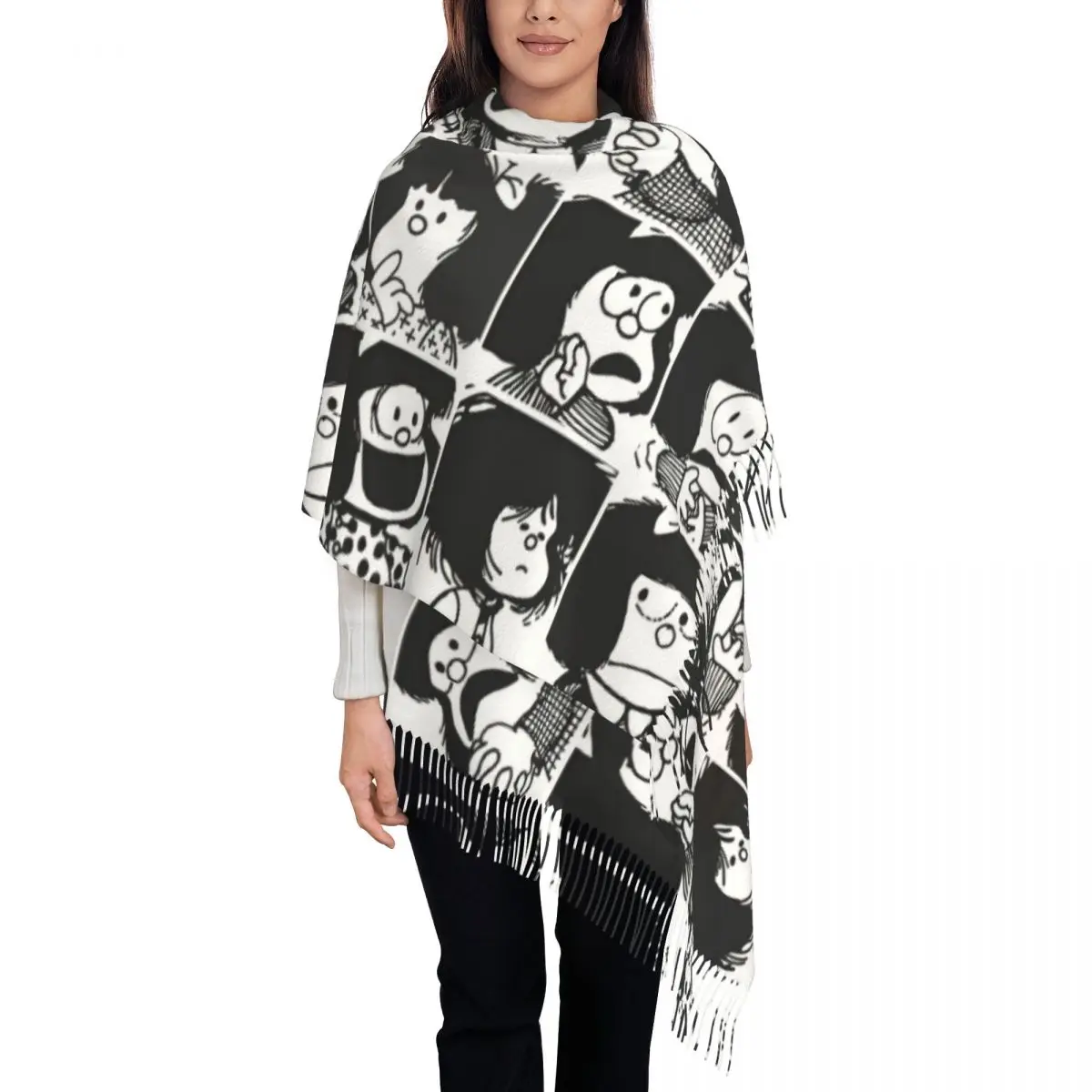 Одеяло в клетку стиле аниме Mafalda шарф с кисточками женские зимне-осенние теплые