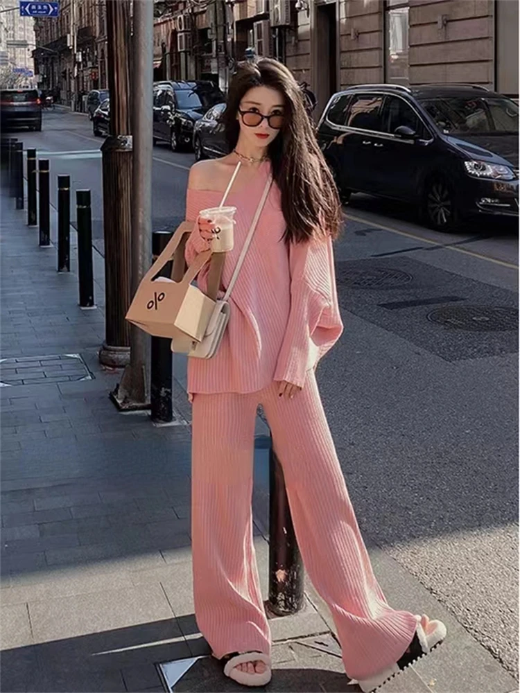 

Women Sweater Winter 2 Piece Sets Elegnat Knitted Suits Female Sweaters Vintage Womens Pants High Waist Autumn Vintage Vestidos