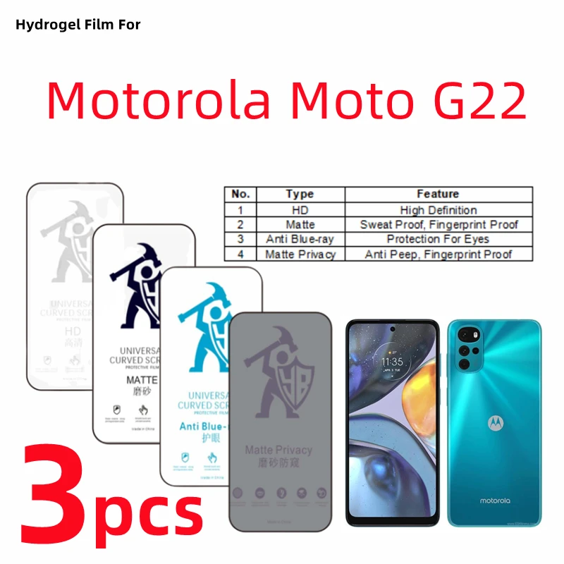 

3pcs HD Hydrogel Film For Motorola Moto G22 Matte Screen Protector For Motorola Moto G22 Eye Care Anti Spy Matte Protective Film