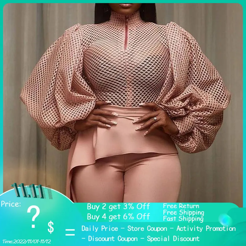 

African Fashion Women Blouse Sexy See-Through Pullover Zipper High Waist Spring Top Office Lady Normal Size Young Female