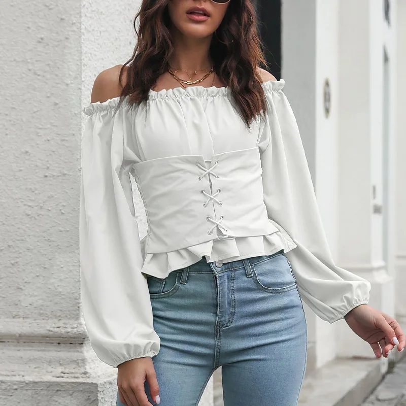 

Женская Летняя короткая блузка с открытыми плечами, облегающий топ с эластичным поясом и ремешком на рукавах, милый женский пуловер 2022