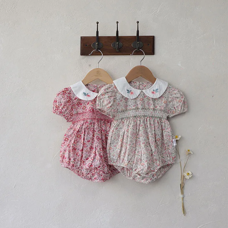 

MILANCEL 2022 Summer Baby Clothes Baby Girl Floral Embroidered Doll Collar Bodysuit Infant One Piece