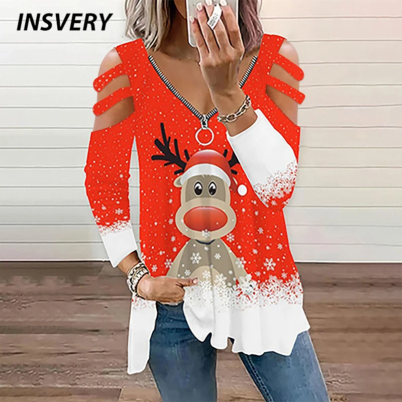 

Fashion V Neck Ladies T Shirts Christmas Elk Print Casual Loose Tee Hollow Out Autumn Women Graphic T Shirts