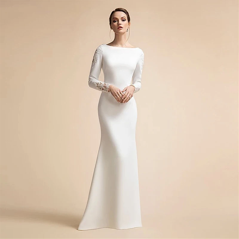 

Elegant Simple Mermaid Wedding Dresses for 2022 Long Sleeves Lvory Muslim Bridal Gowns for Bride Satin Lace Vestidos De Novia