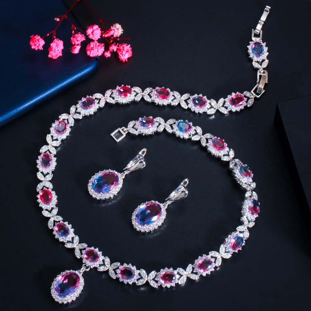 

Luxury Cubic Zircon Necklace Earrings Set Bridal Women Wedding Dinner Jewelry Statement Choker Crystal Tourmaline Stone Chain