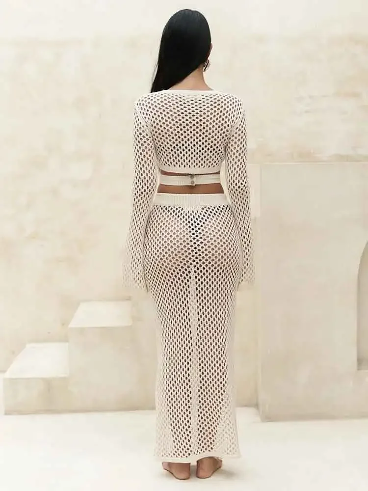 Сексуальный вязаный вырез из двух предметов 2025 Женский комплект с расклешенным